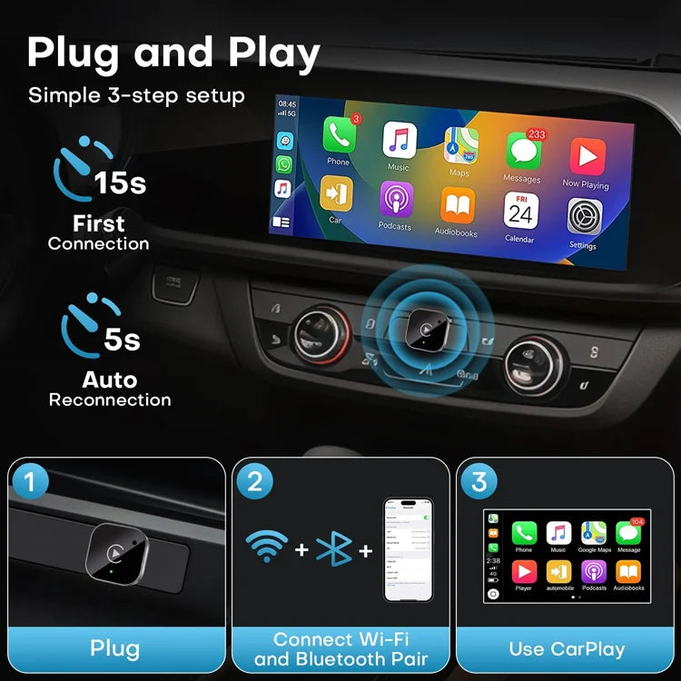 Wireless CarPlay & Android Auto Adapter — Compatible with All iOS & Android Phones